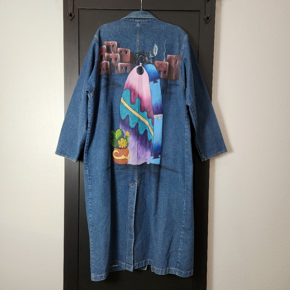 HANDPAINTED DENIM JACKET FEATURING A SCENE INSPIRED by NATIVE AMERICAN ART SZ OS
